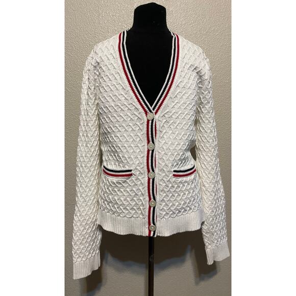 Brooks Brothers Red Fleece Cardigan Women's Medium Cream Red White & Blue - Picture 1 of 12